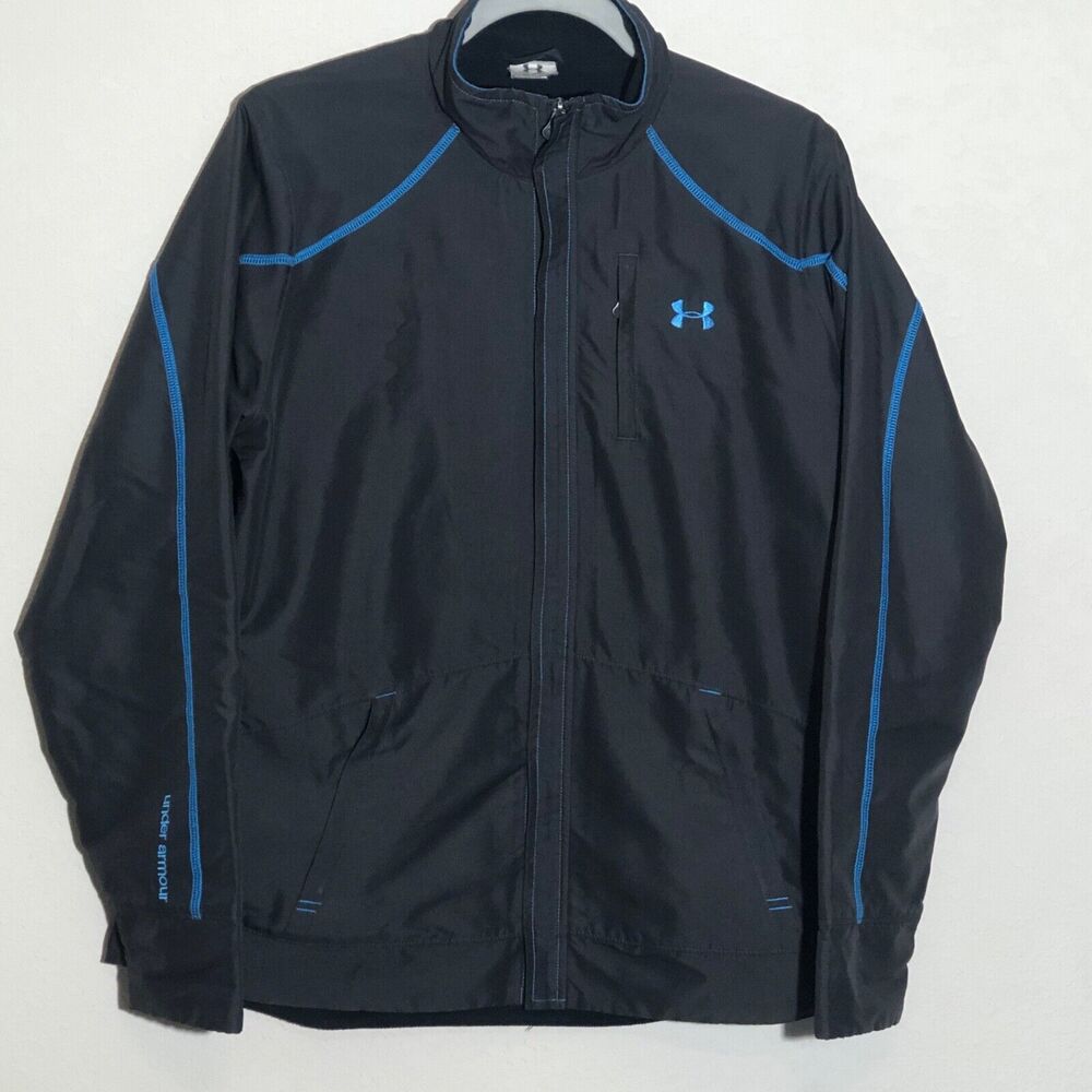 Under Armor Jacket Boys Medium Dark Gray w/ Blue Trim‎ Fully Lined  3 pockets